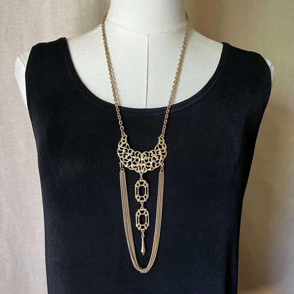 Vintage‎ Gold Tone Filigree Fringe Statement Necklace Bib 1920s Style